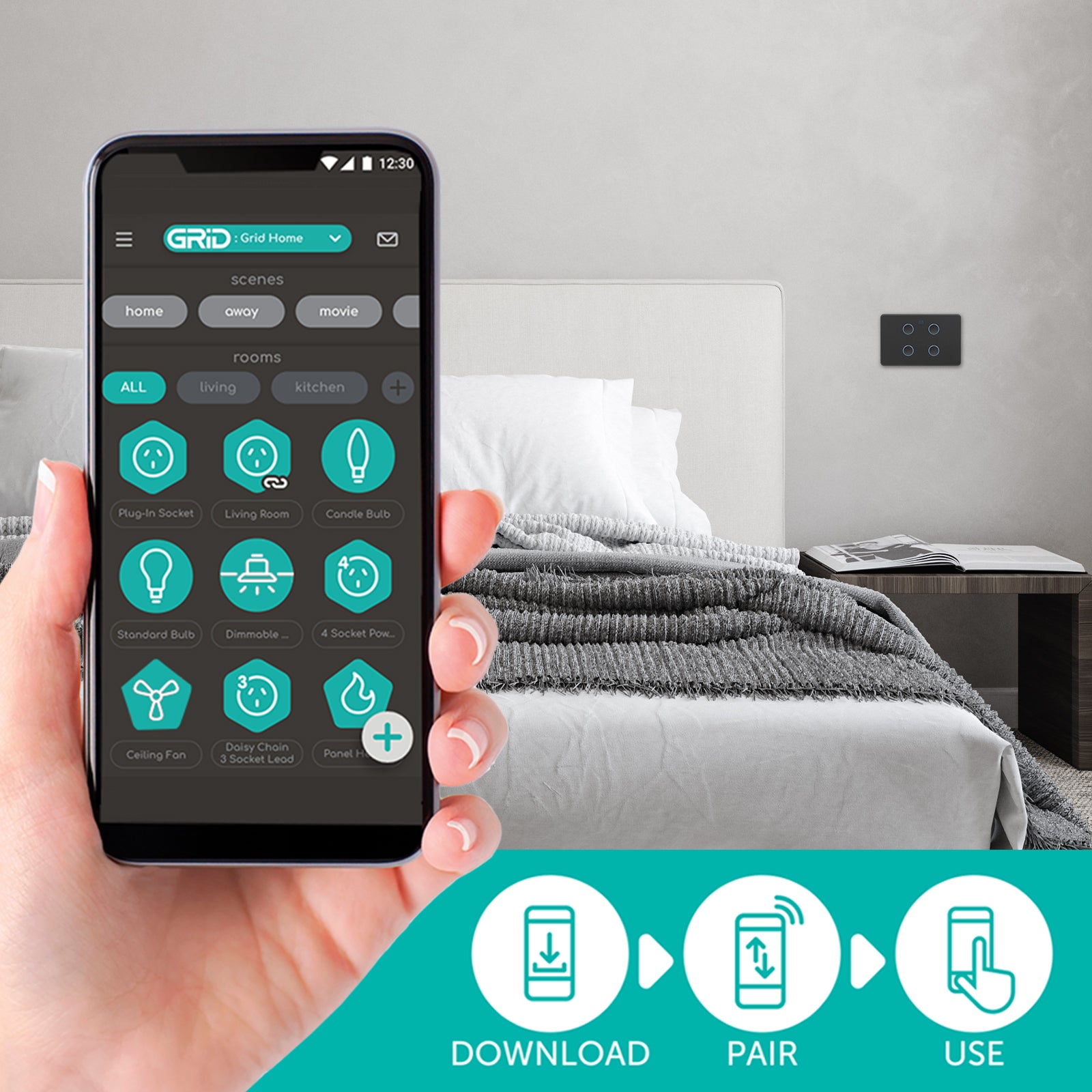 DETA Grid Connect Smart Quad Gang Touch Switch Matte Black – Wi-Fi Smart Light Switch with LED Indicators