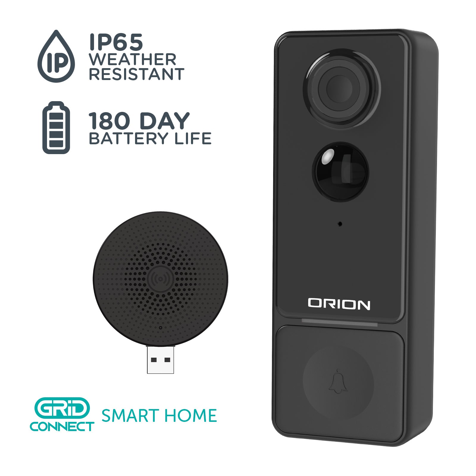 Orion Smart Rechargeable Video Doorbell Camera Wi-Fi home security Smart with Grid Connect