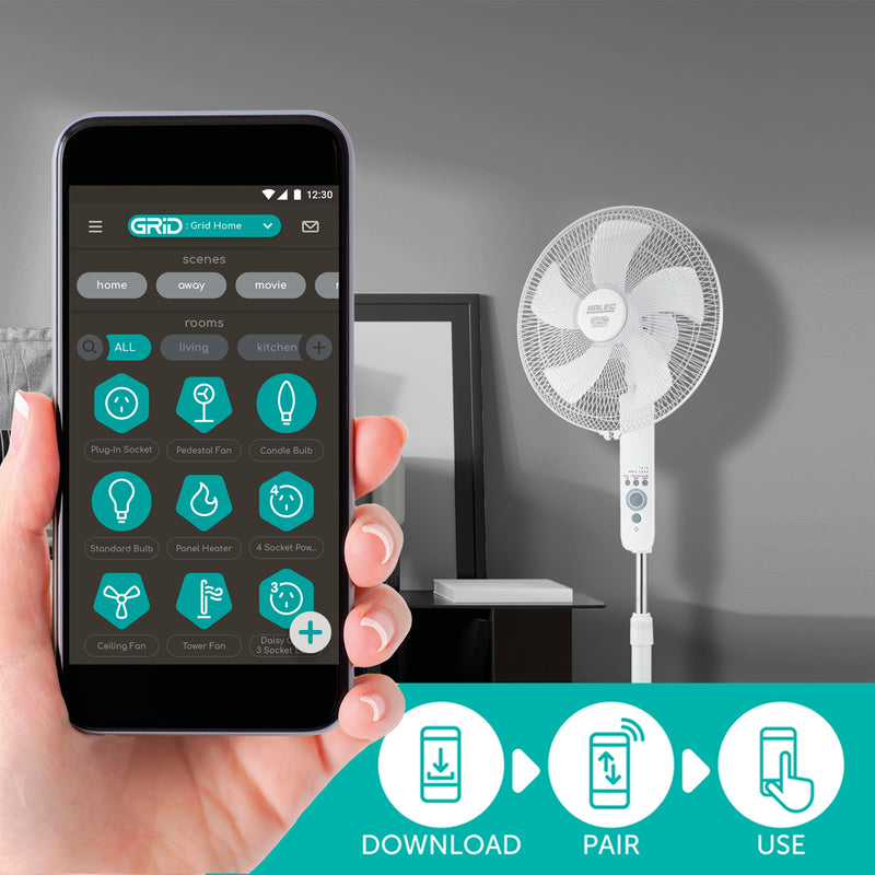 Arlec White 40cm 5-Blade Grid Connect Smart Pedestal Fan with Remote Control