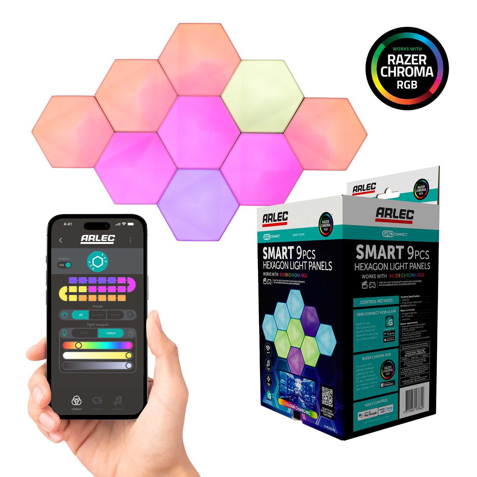 Arlec Grid Connect Smart Modular Hexagon Lights 9-Piece with Razer Chroma