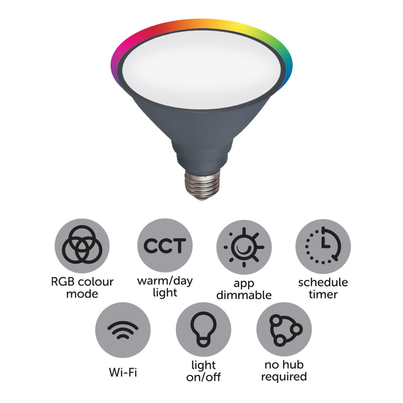 Arlec PAR38 E27 15W smart LED globe, 1350lm Grid Connect CCT light bulb