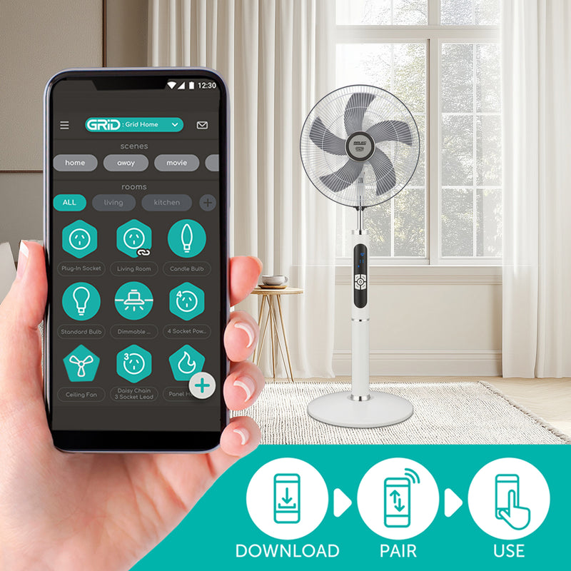 Arlec 40cm White Grid Connect Smart Remote Controlled Pedestal Fan
