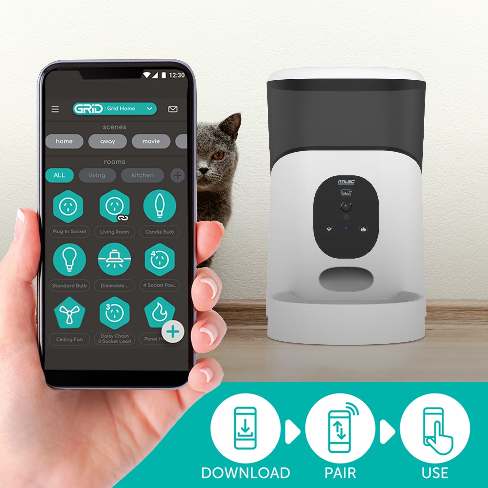 Arlec 5L automatic pet feeder with camera, Grid Connect smart pet food dispenser