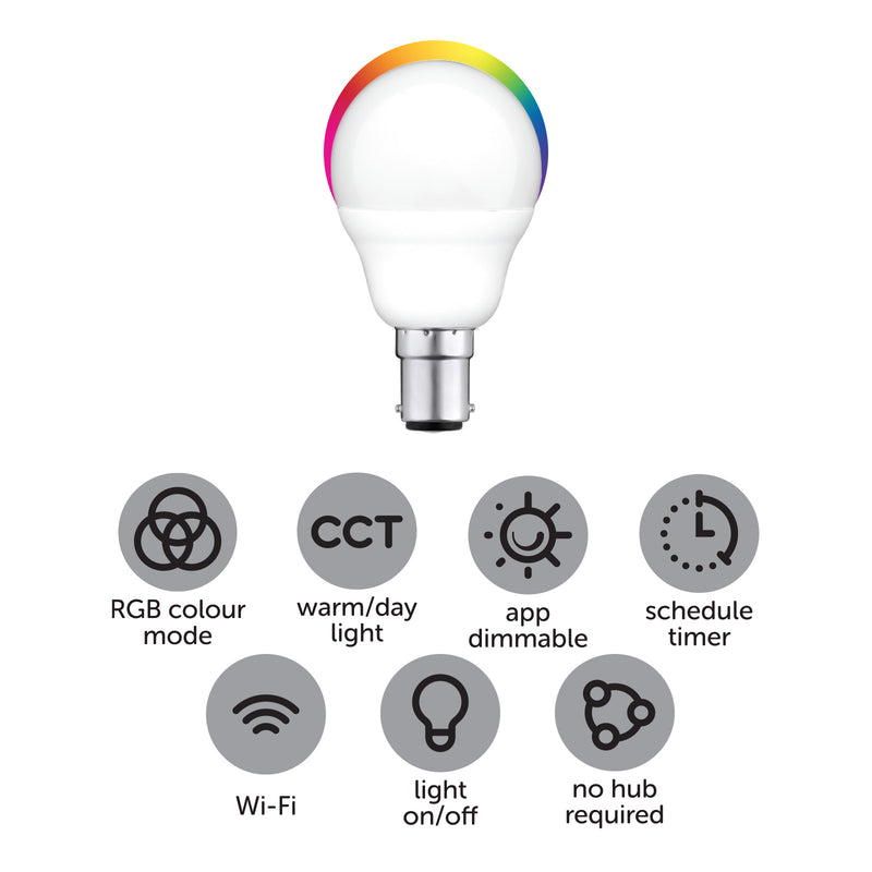 Arlec B15 RGB fancy round LED globe, 5.5W 470lm colour mode smart bulb