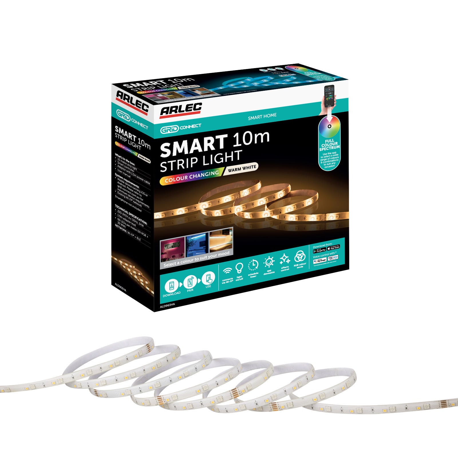 Arlec 10m RGB smart LED strip light with Grid Connect app, vibrant color control
