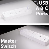 Arlec smart powerboard with USB A and C charging, 4 outlet Grid Connect power strip