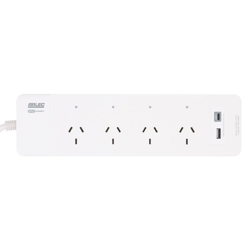 Arlec White 4-Outlet Grid Connect SmartPowerboard with USB A & C Charger