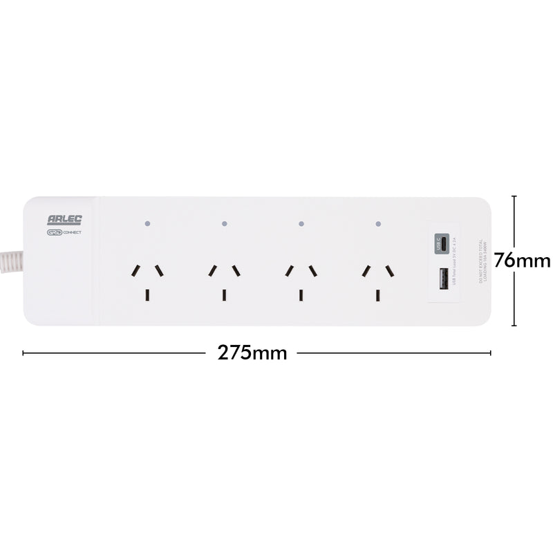 Arlec smart powerboard with USB A and C charging, 4 outlet Grid Connect power strip