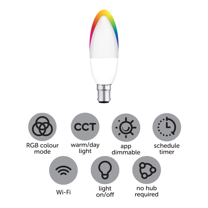 Arlec B15 RGB candle LED globe, 5.5W 470lm colour changing Grid Connect bulb