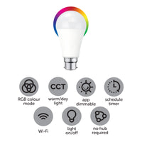 Arlec B22 RGB CCT 10W smart LED globe, 830lm colour mode Grid Connect bulb