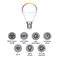 Arlec E14 RGB fancy round LED globe, 5.5W 470lm colour changing smart bulb