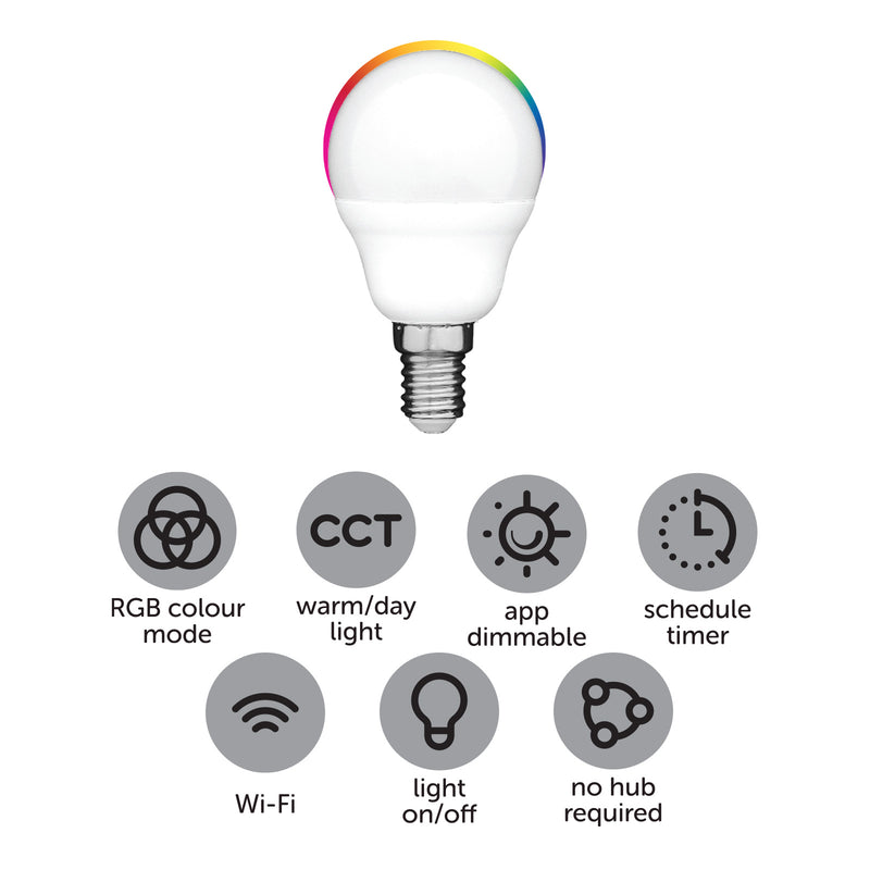 Arlec E14 RGB fancy round LED globe, 5.5W 470lm colour changing smart bulb
