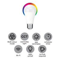 Arlec E27 RGB CCT 10W smart LED globe, 830lm colour mode Grid Connect bulb