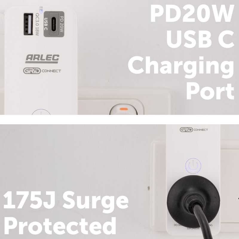Arlec smart multi-function plug socket with USB PD20W, Grid Connect power adaptor