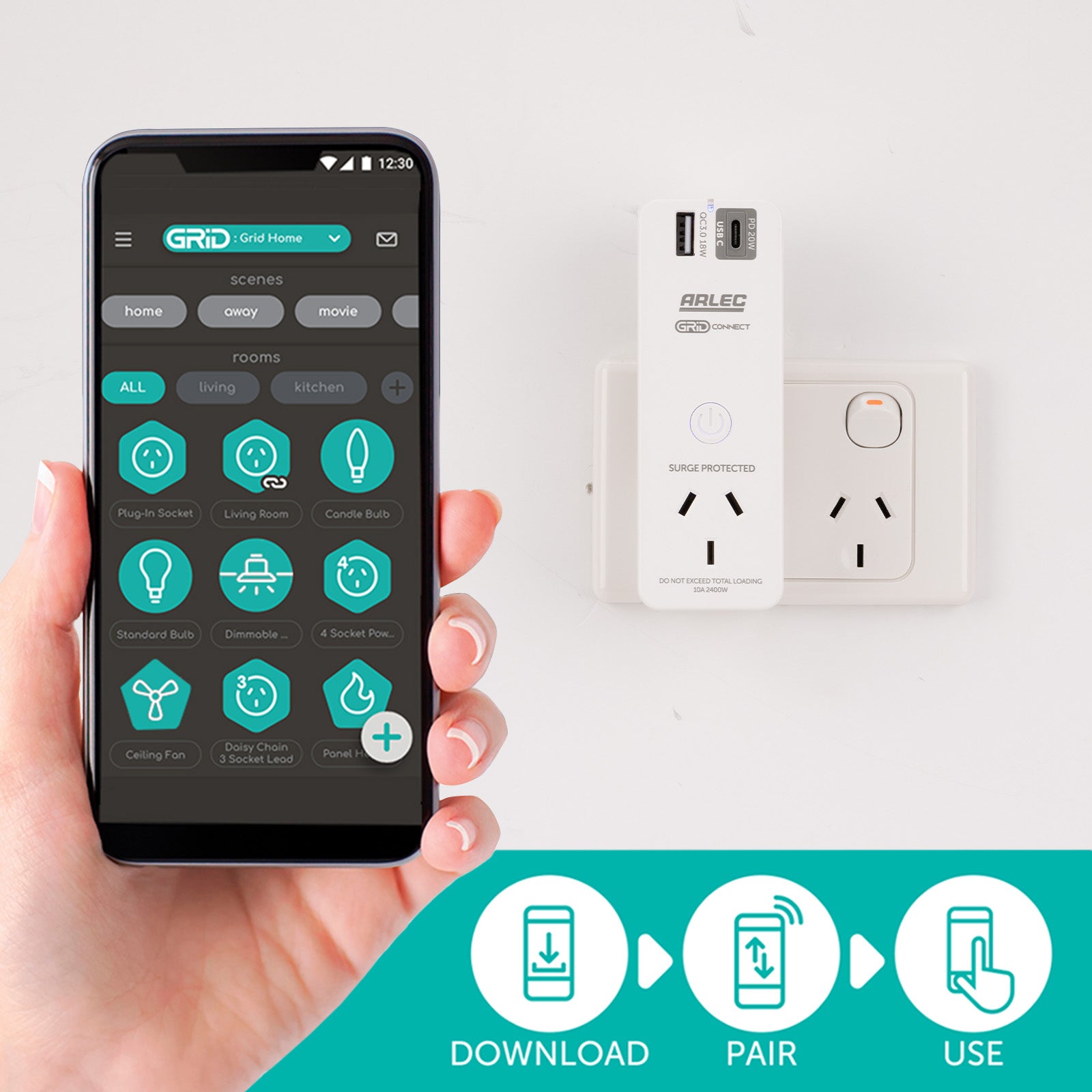 Arlec smart multi-function plug socket with USB PD20W, Grid Connect power adaptor