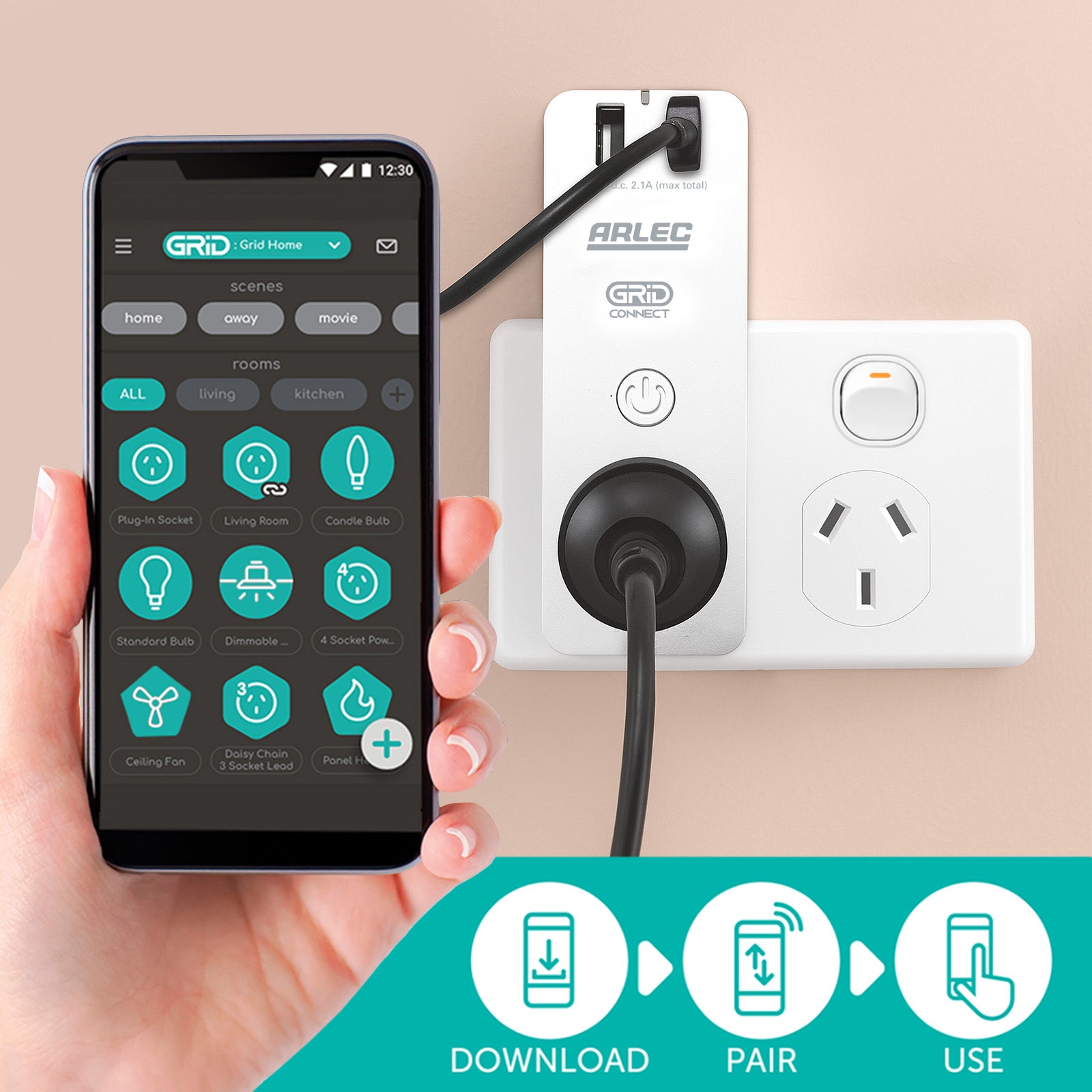 Arlec smart plug socket with USB charging, Grid Connect power adaptor