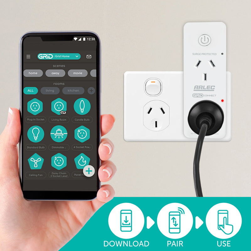 Arlec twin socket smart plug with energy meter and surge protection, Grid Connect adaptor