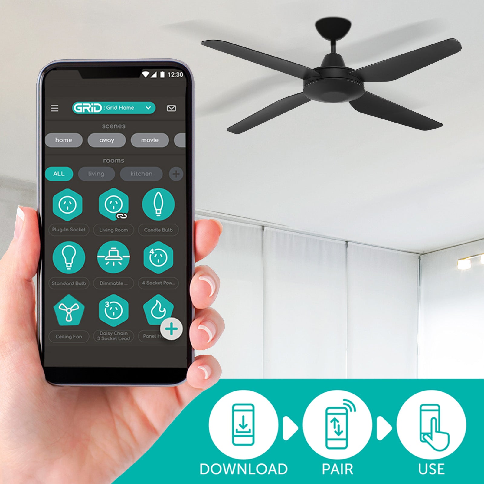 Arlec 130cm Black Madrid 4 Blade DC Ceiling Fan Wi-Fi smart cooling Smart with Grid Connect
