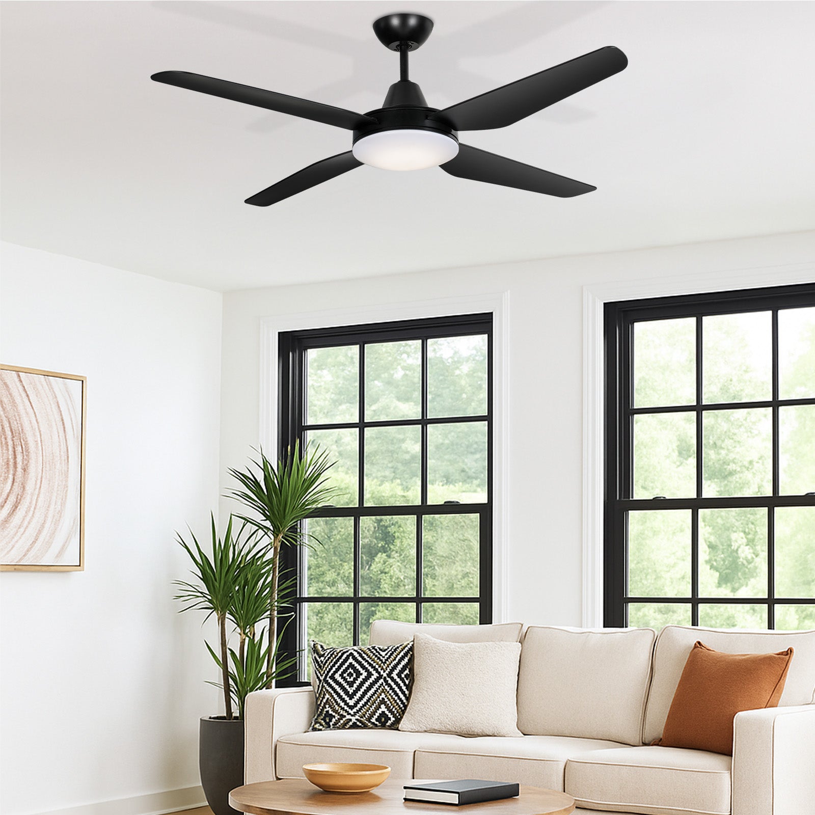 Arlec 130cm Black Madrid 4 Blade DC Ceiling Fan with Light Wi-Fi smart cooling Smart with Grid Connect