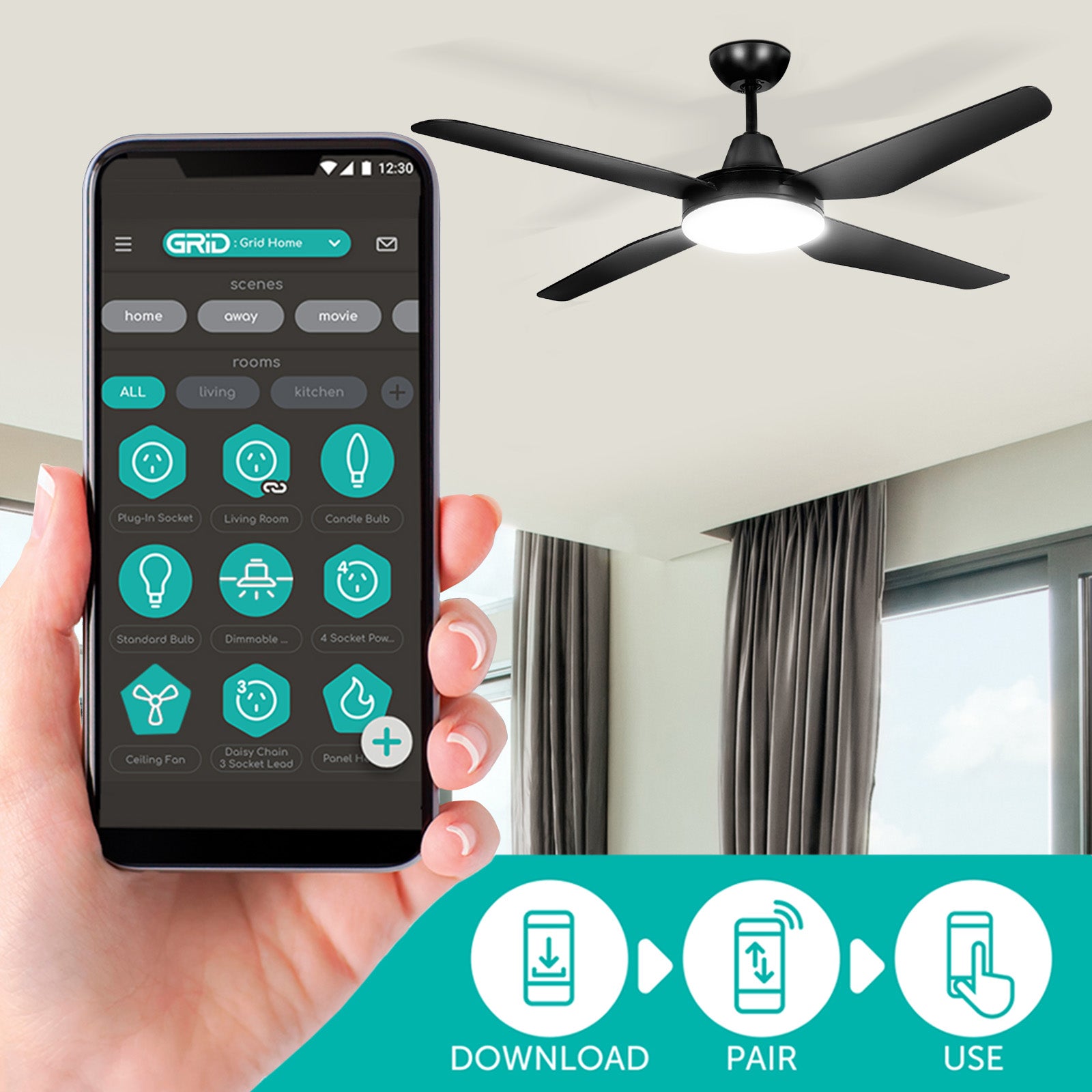 Arlec 130cm Black Madrid 4 Blade DC Ceiling Fan with Light Wi-Fi smart cooling Smart with Grid Connect