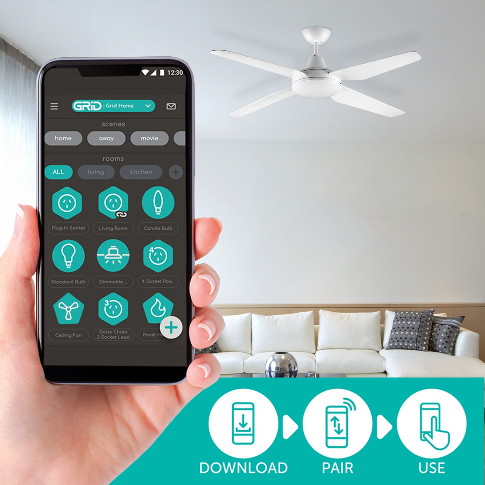 Arlec 130cm White Madrid ABS Smart Ceiling Fan with Light Wi-Fi control Smart with Grid Connect