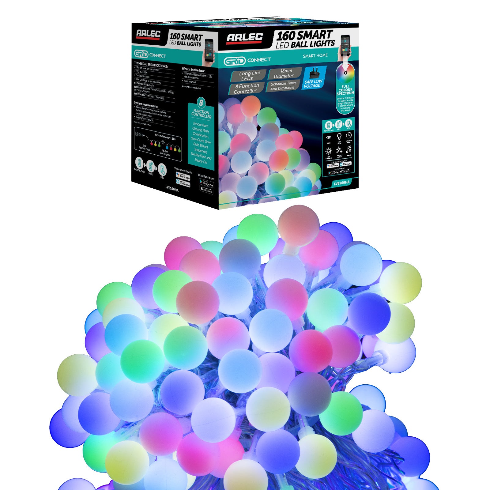 Arlec RGB colour changing LED ball lights, 160 LED Grid Connect smart string lights