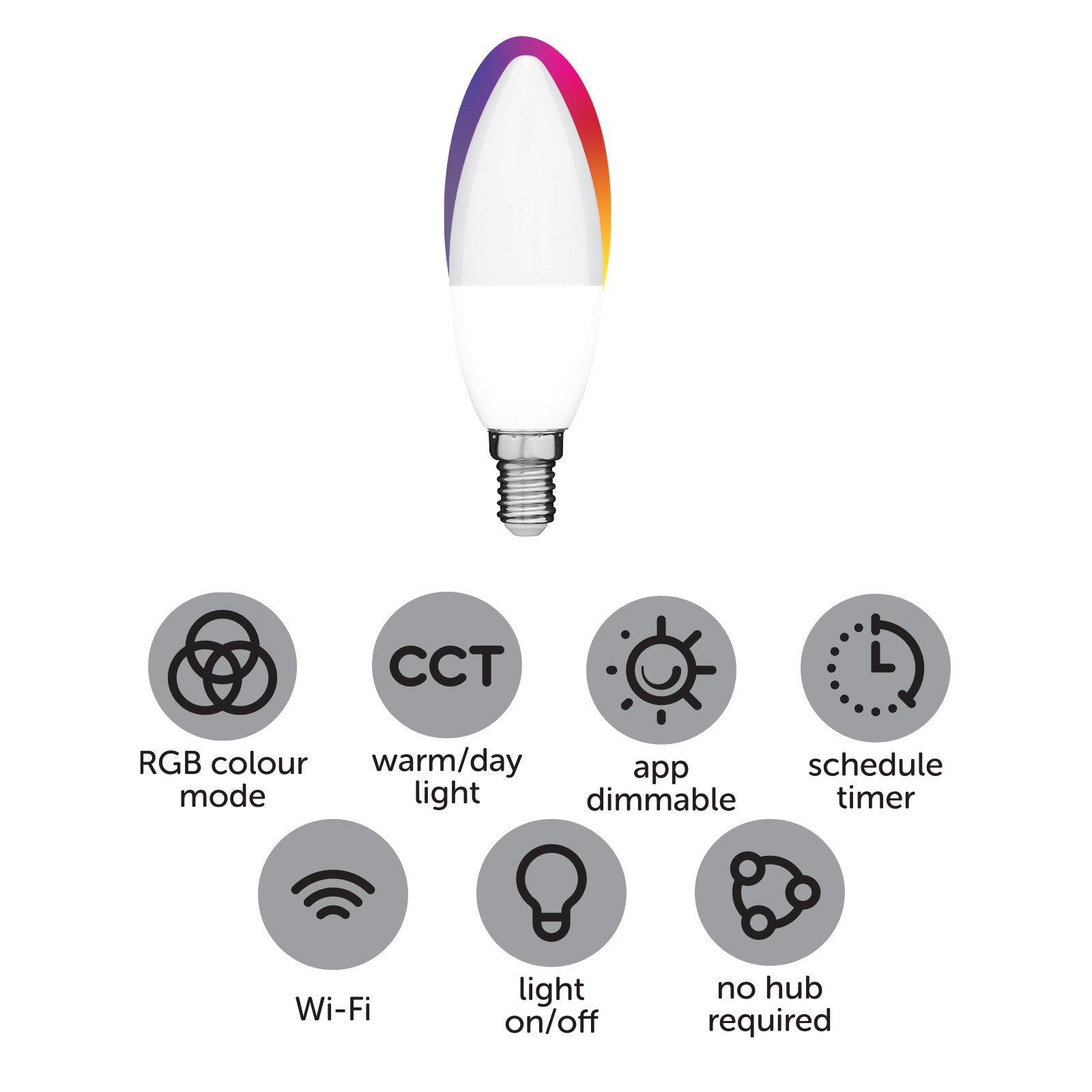 Arlec E14 CCT candle LED globe, 5.5W 470lm Grid Connect smart bulb