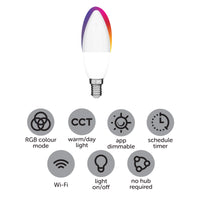 Arlec E14 CCT candle LED globe, 5.5W 470lm Grid Connect smart bulb