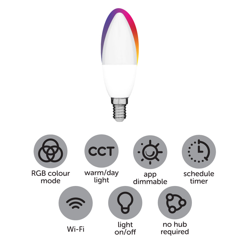 Arlec E14 CCT candle LED globe, 5.5W 470lm Grid Connect smart bulb