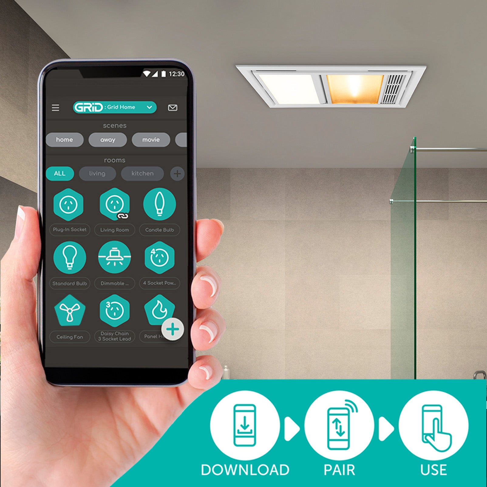 DETA 3-In-1 Bathroom Heater, Fan & Light with Smart Triple Switch Wi-Fi Smart with Grid Connect