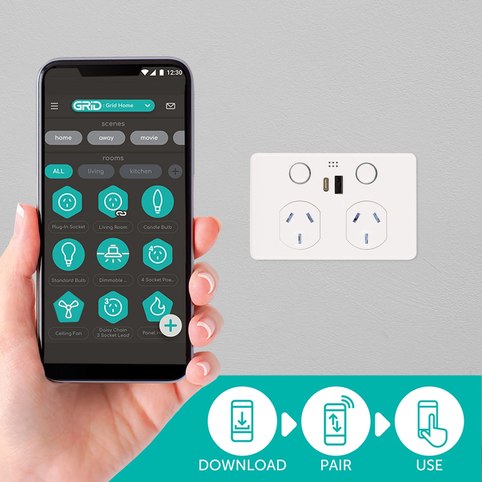 Deta Grid Connect Smart Double Power Point with USB-A & USB-C PD20W Fast Charging
