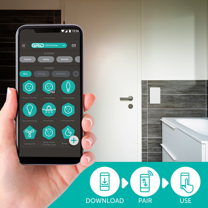 Deta Grid Connect Smart Dimmer Mechanism – smart dimmer switch, Grid Connect, remote lighting control, Alexa, Google Assistant, Bunnings
