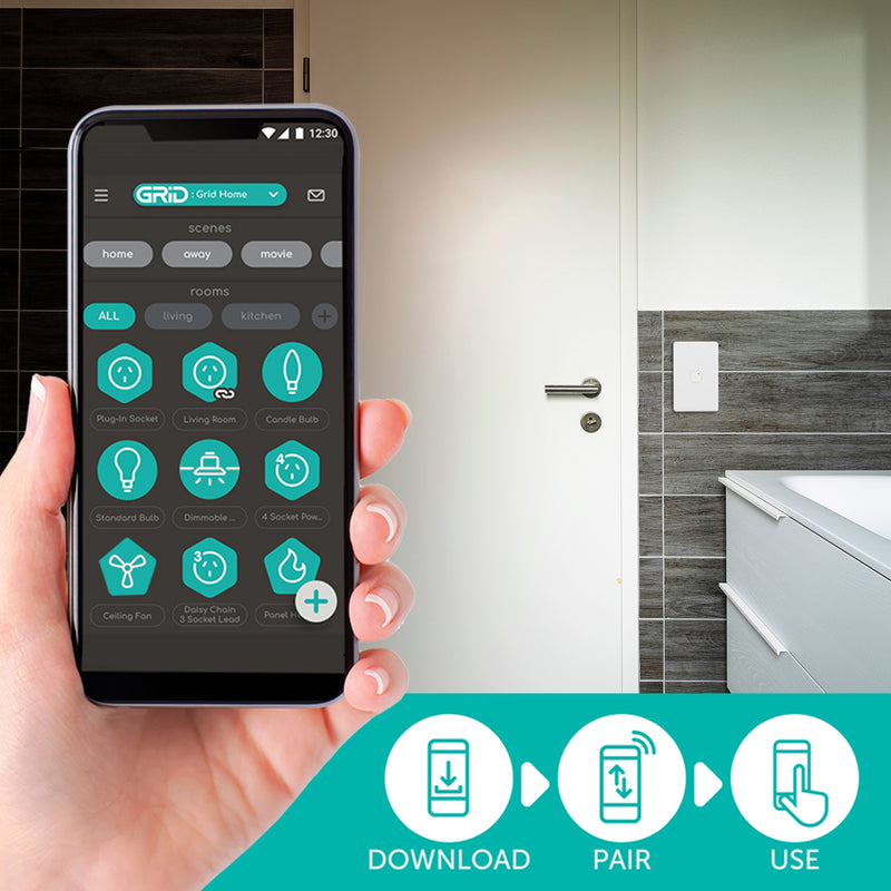 DETA Grid Connect Smart Switch Mechanism – Wi-Fi smart switch, Grid Connect app, voice assistant compatible, Alexa, Google Assistant, Bunnings
