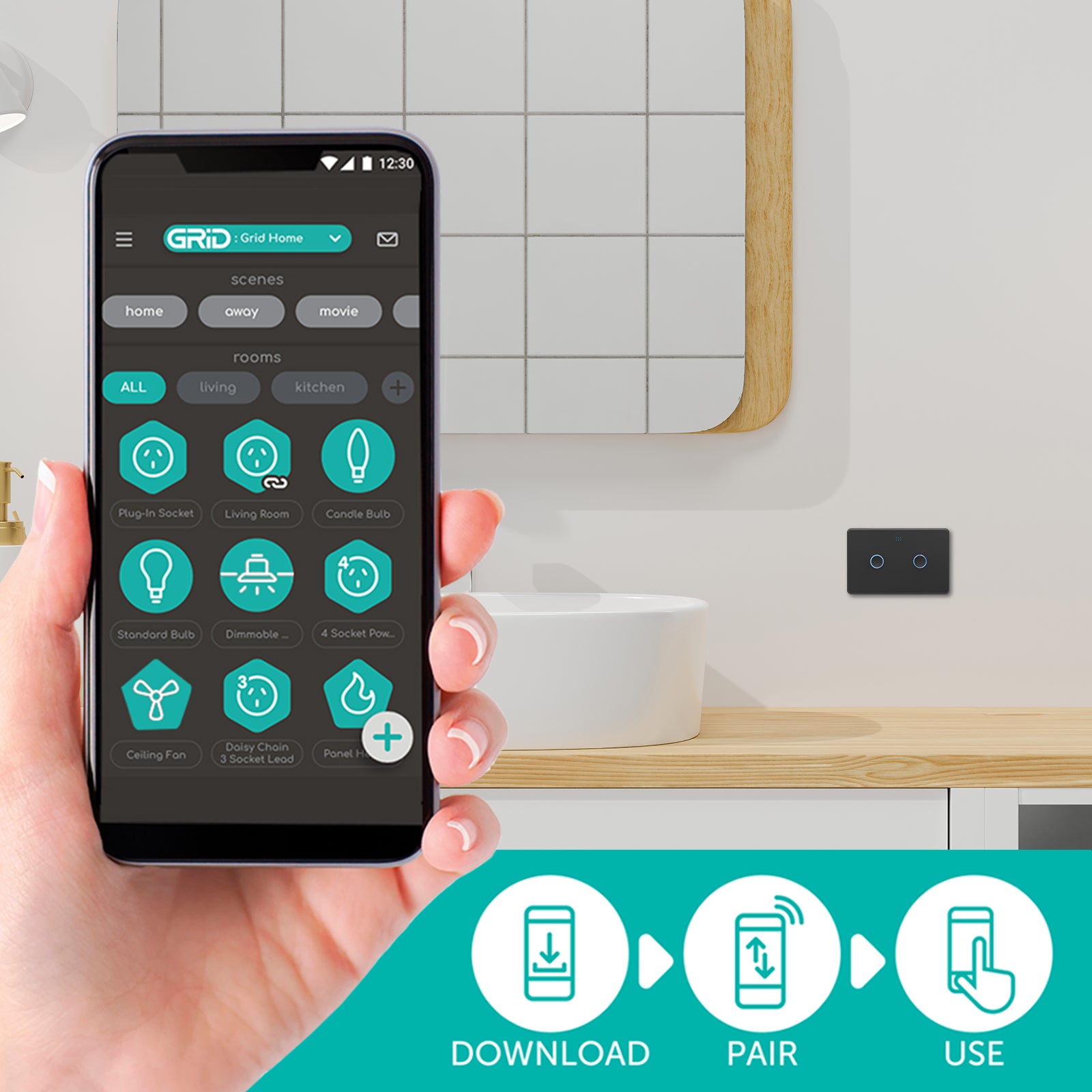 DETA Grid Connect Smart Double Gang Touch Light Switch Matte Black – Wi-Fi Remote ON/OFF with LED Indicators