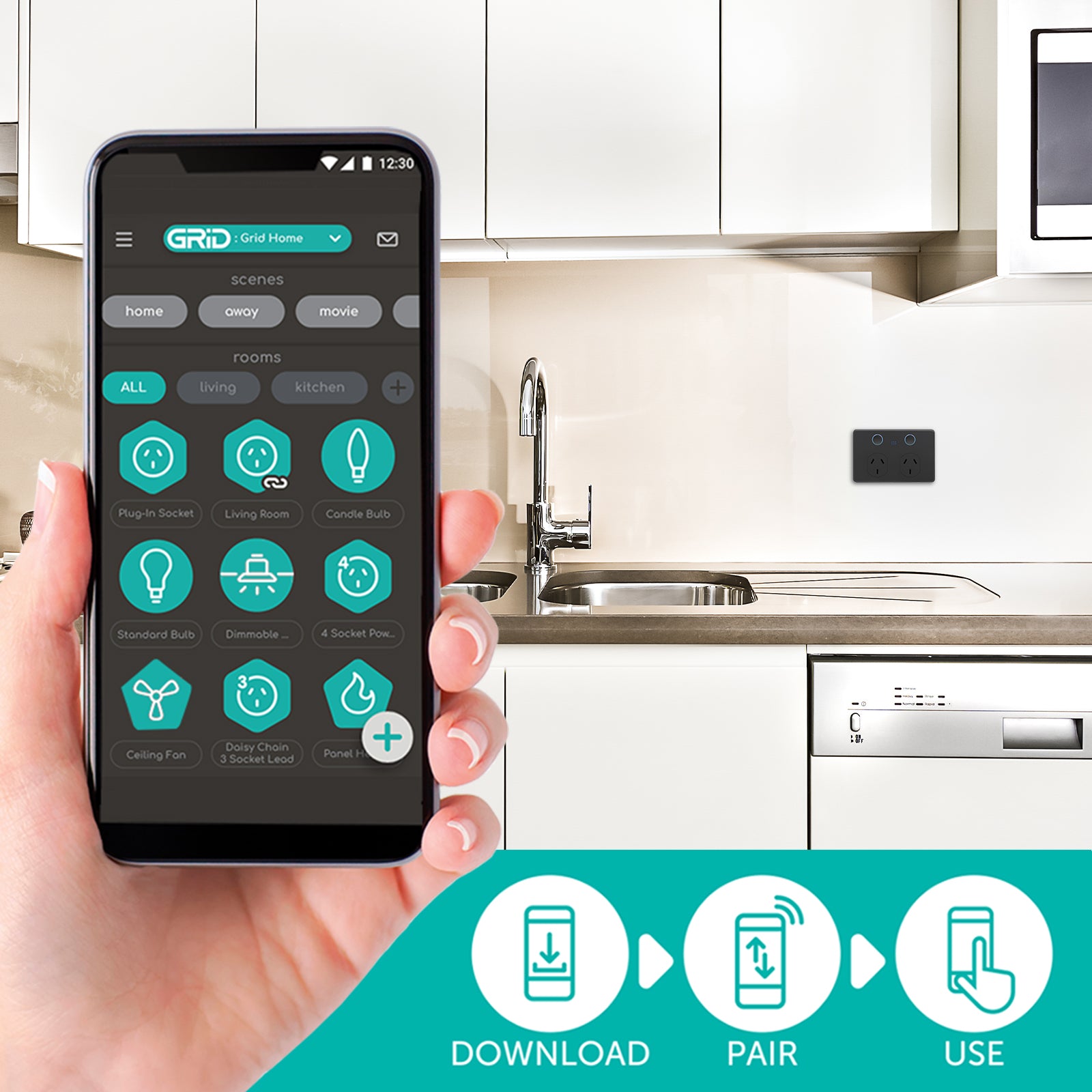 DETA Grid Connect Smart Double Touch Power Point Matte Black – Wi-Fi Enabled Smart Wall Socket