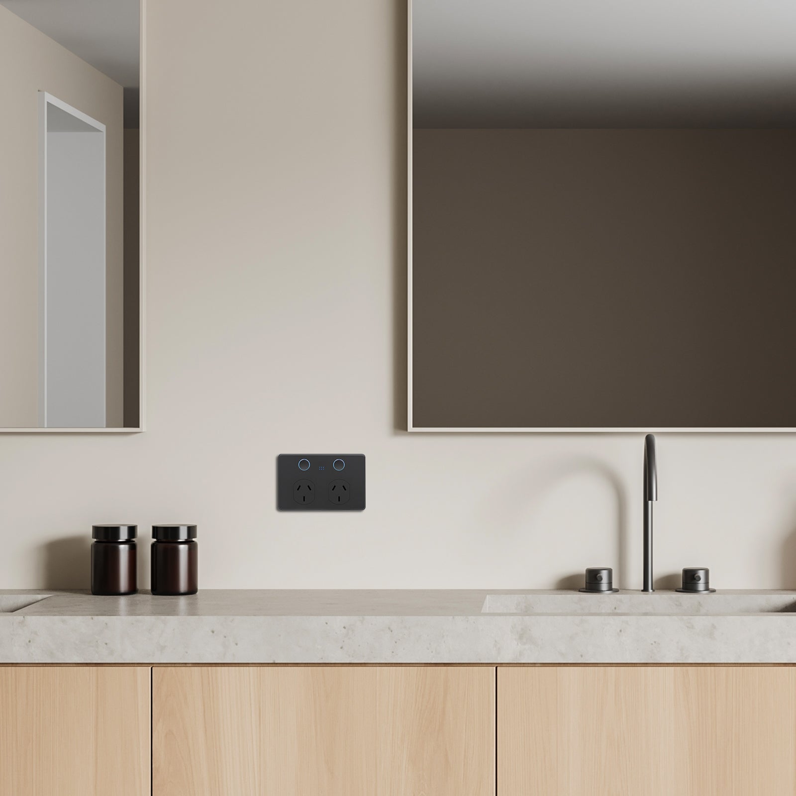DETA Grid Connect Smart Double Touch Power Point Matte Black – Wi-Fi Enabled Smart Wall Socket