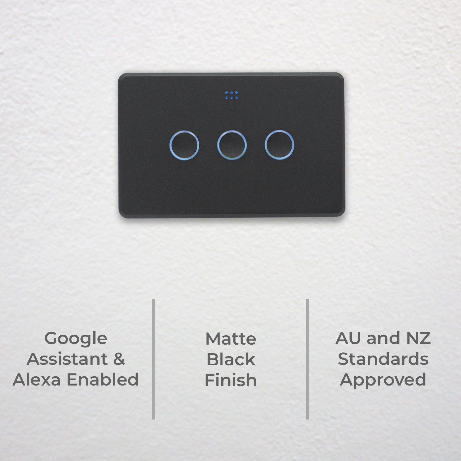 DETA Grid Connect Smart Triple Gang Touch Switch Matte Black – Wi-Fi Smart Light Switch with LED Indicators