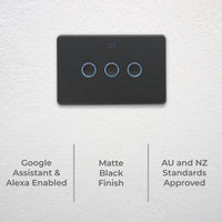 DETA Grid Connect Smart Triple Gang Touch Switch Matte Black – Wi-Fi Smart Light Switch with LED Indicators