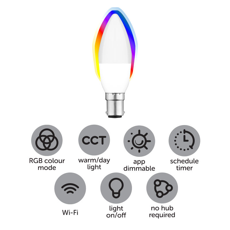 Arlec Grid Connect Smart 5W B15 470lm RGB and Tunable White Candle LED Globe - Matter Compatible