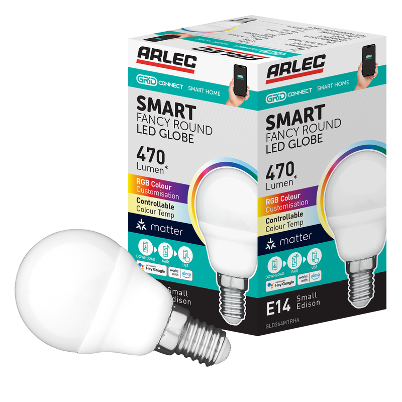 Arlec Grid Connect Smart 5W E14 470lm RGB and Tunable White Fancy Round LED Globe - Matter Compatible