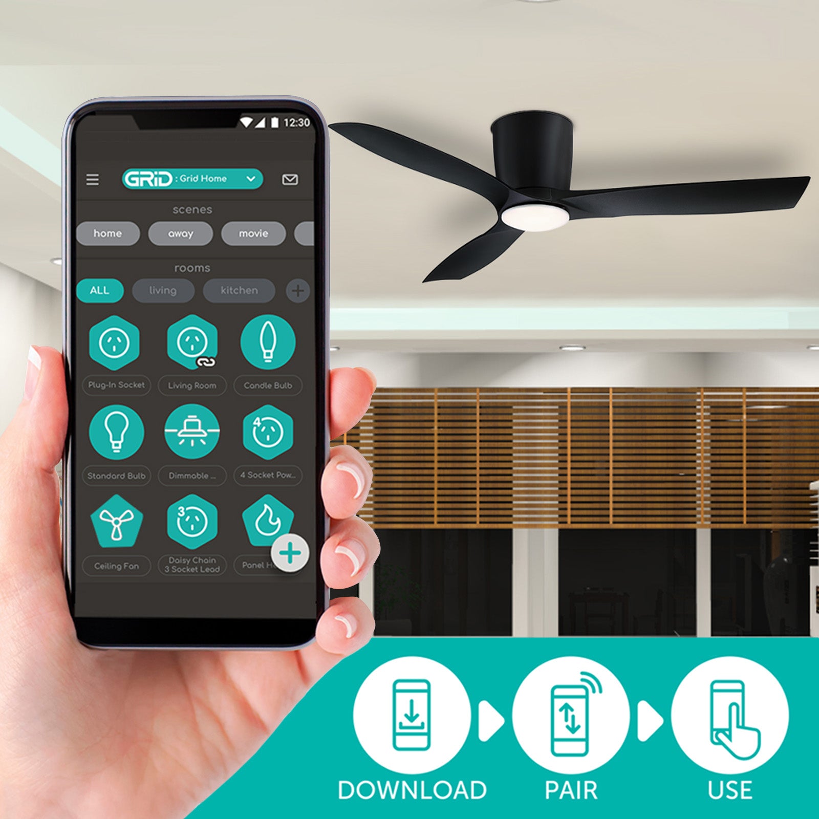 Mercator 132cm Black 3 Blade Smart LED Ceiling Fan Wi-Fi home cooling Smart with Grid Connect
