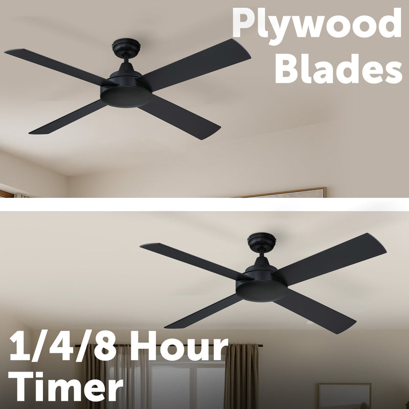 Mercator 132cm Black 4 Blade Smart Ceiling Fan Wi-Fi control Smart with Grid Connect