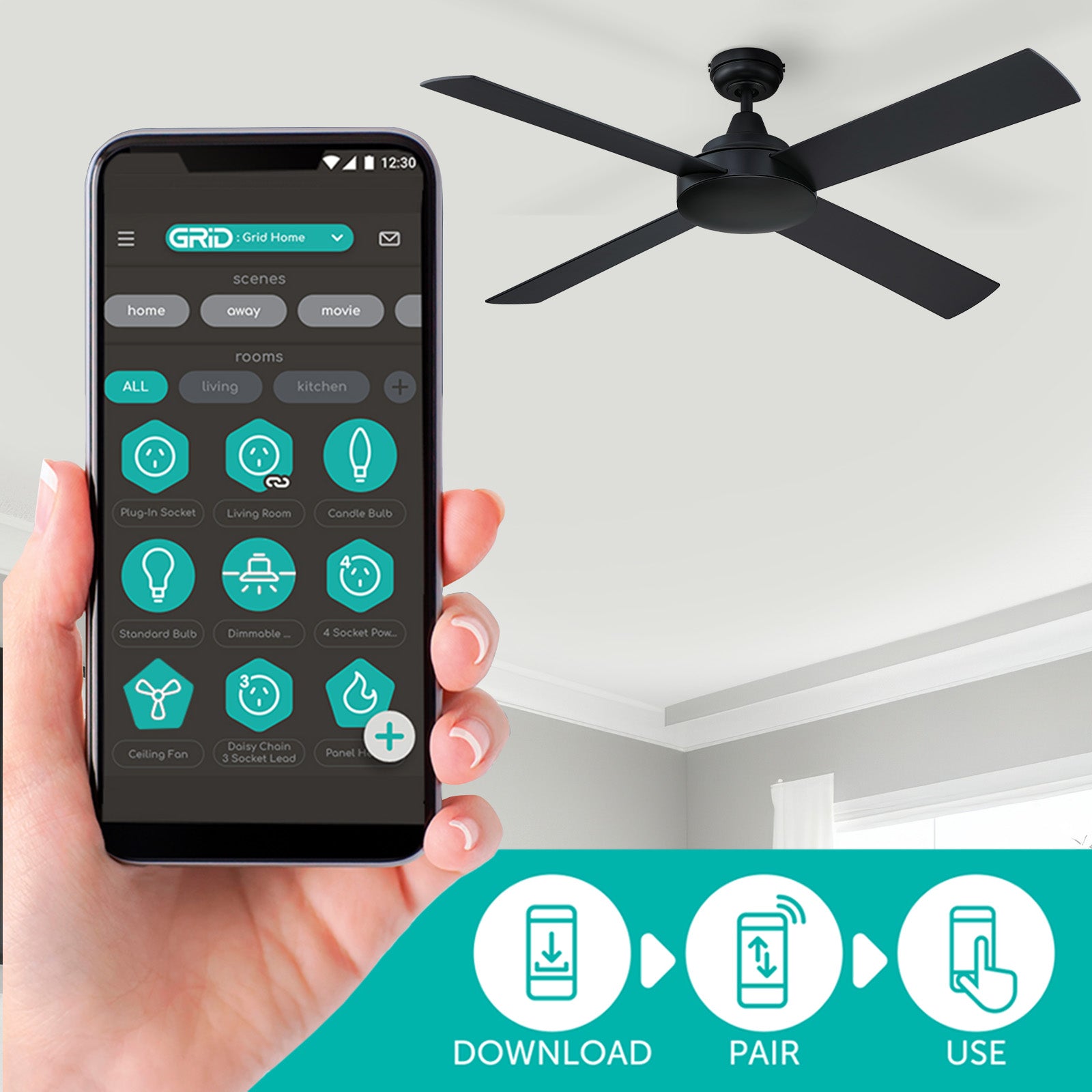 Mercator 132cm Black 4 Blade Smart Ceiling Fan Wi-Fi control Smart with Grid Connect