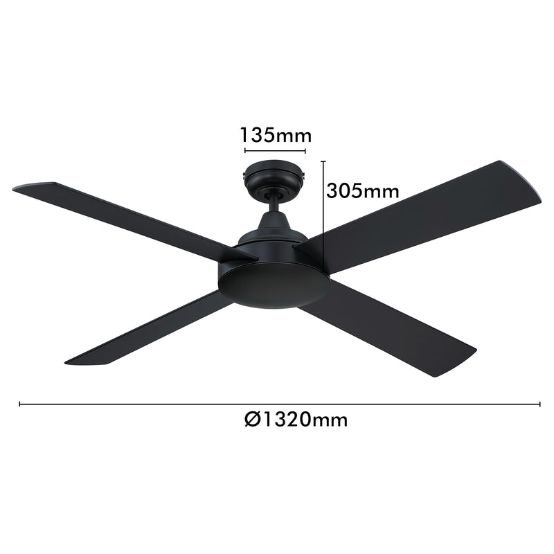 Mercator 132cm Black 4 Blade Smart Ceiling Fan Wi-Fi control Smart with Grid Connect