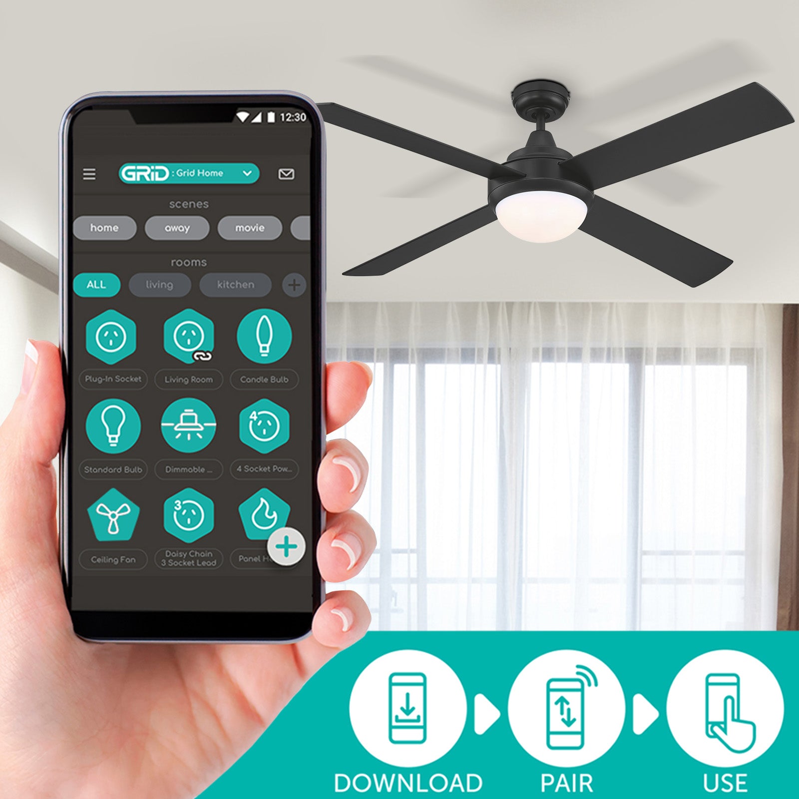 Mercator 132cm Black 4 Blade Smart Ceiling Fan with LED Wi-Fi Smart with Grid Connect 
