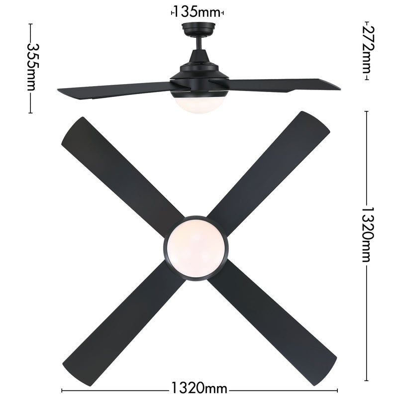 Mercator 132cm Black 4 Blade Smart Ceiling Fan with LED Wi-Fi Smart with Grid Connect 