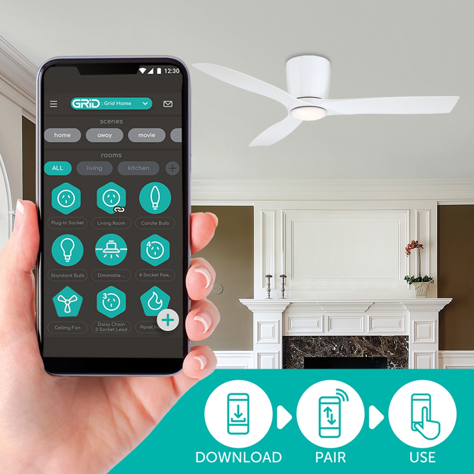 Mercator 132cm White 3 Blade Smart Ceiling Fan with LED Wi-Fi Smart with Grid Connect