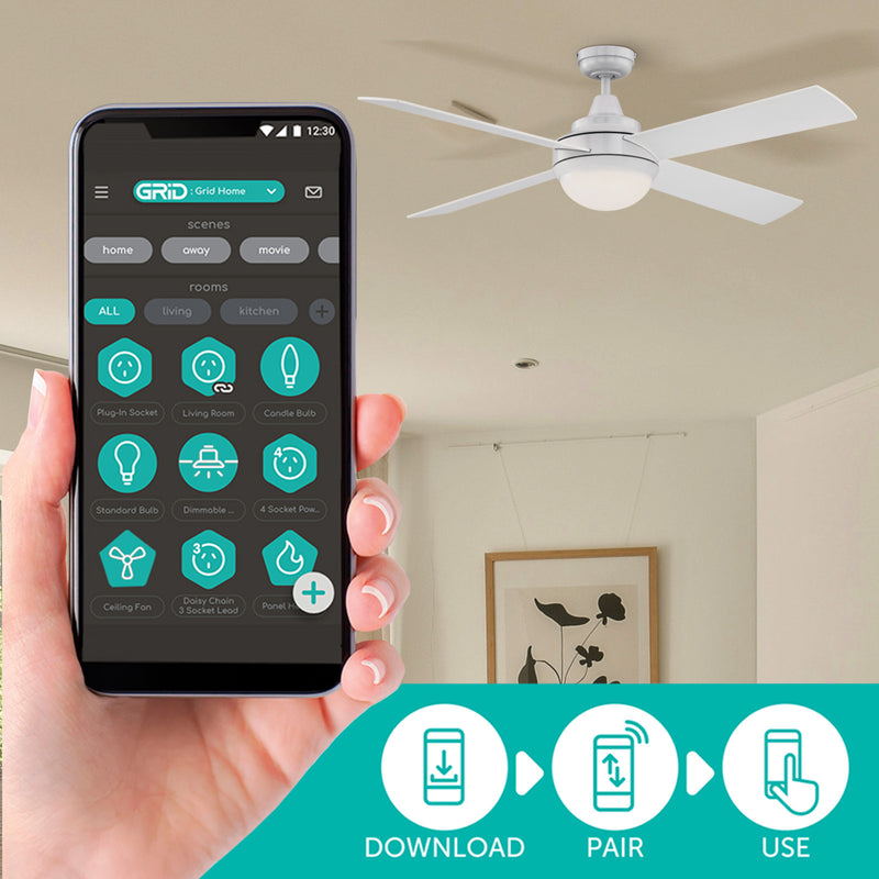 Mercator Smart Grid Connect 132cm White 4-Blades Grange Ceiling Fan with Tricolour LED