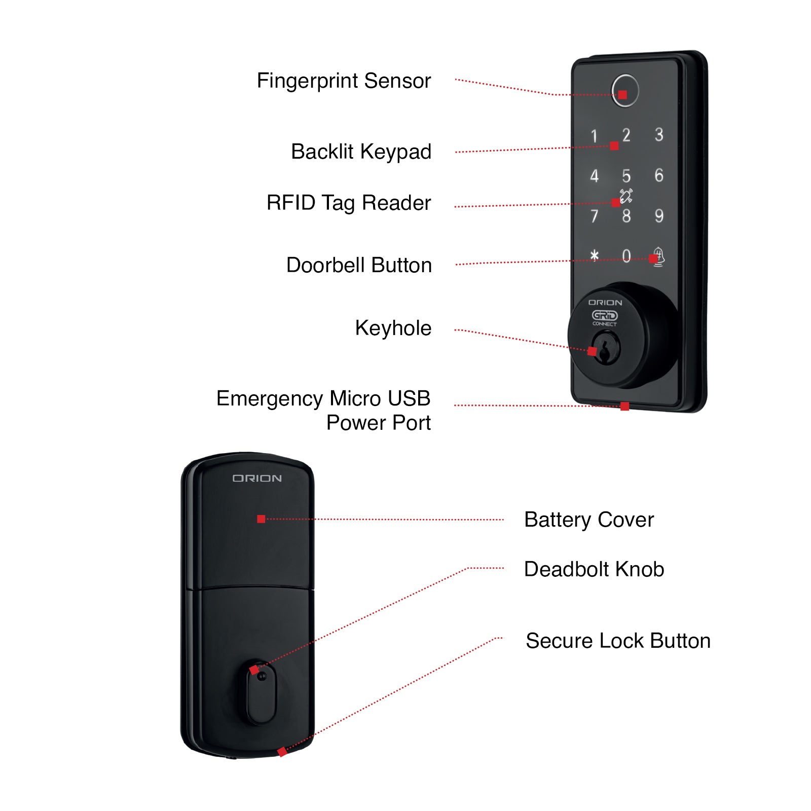 Orion Grid Connect Smart Deadbolt Lock Wi-Fi door security Smart with Grid Connect