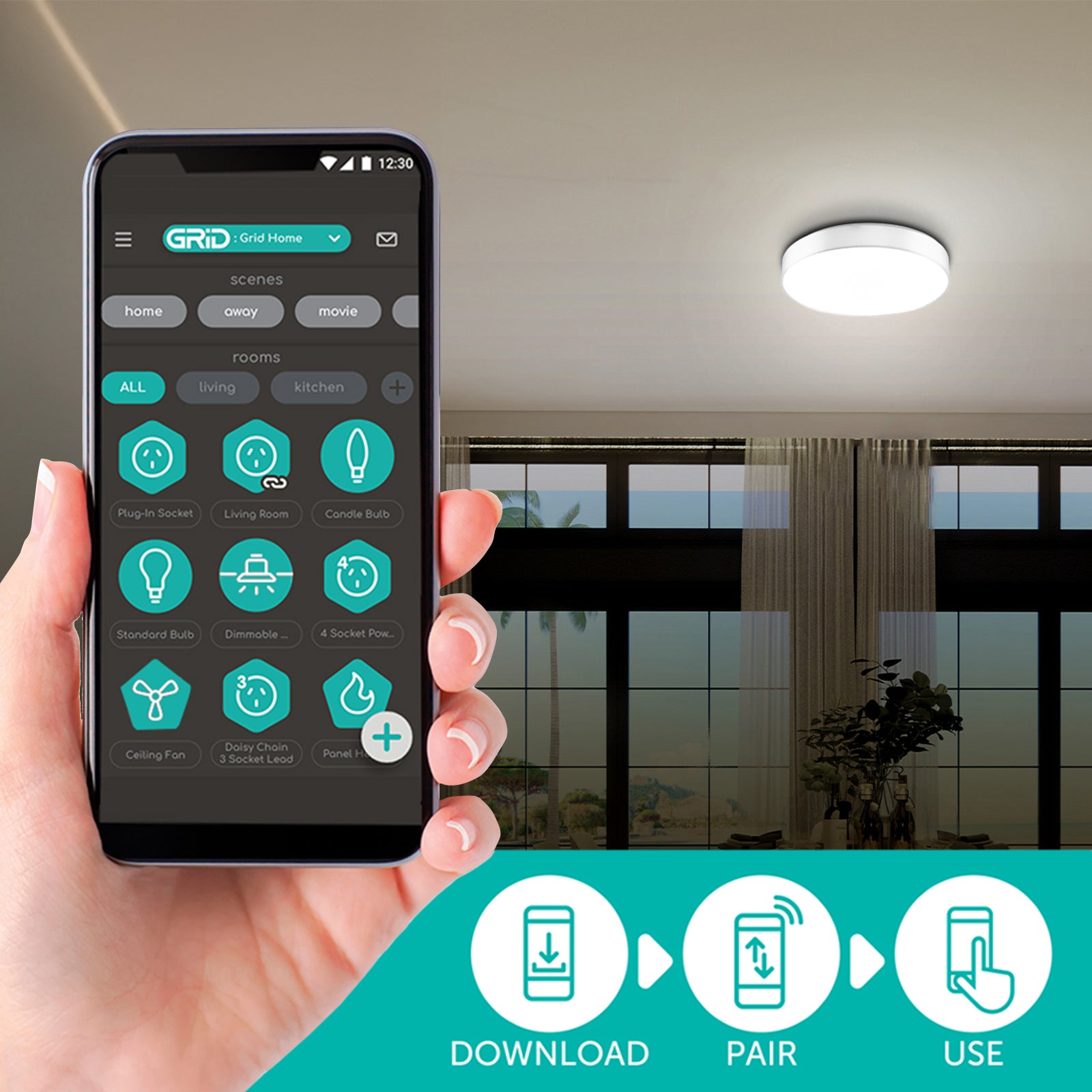 Verve Design Grid Connect Smart 24W LED Fabric Shade Ceiling Light – White